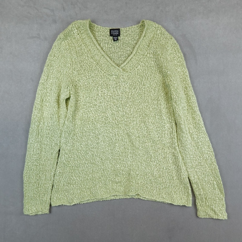 Eileen Fisher Top Womens PP Petite Green V Neck Linen Blend Woven Knit Sweater
